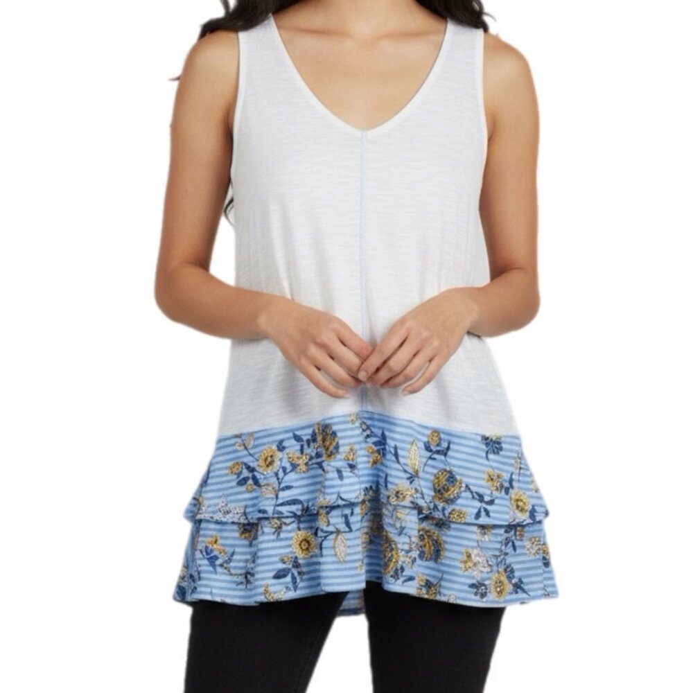 Style & Co Women's Tank Top S White & Blue Floral Ruffle Tunic Burnout V Neck
